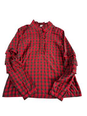 Crown & Ivy XL Buffalo Plaid Ruffle Sleeve Top Red Green Metallic Christmas